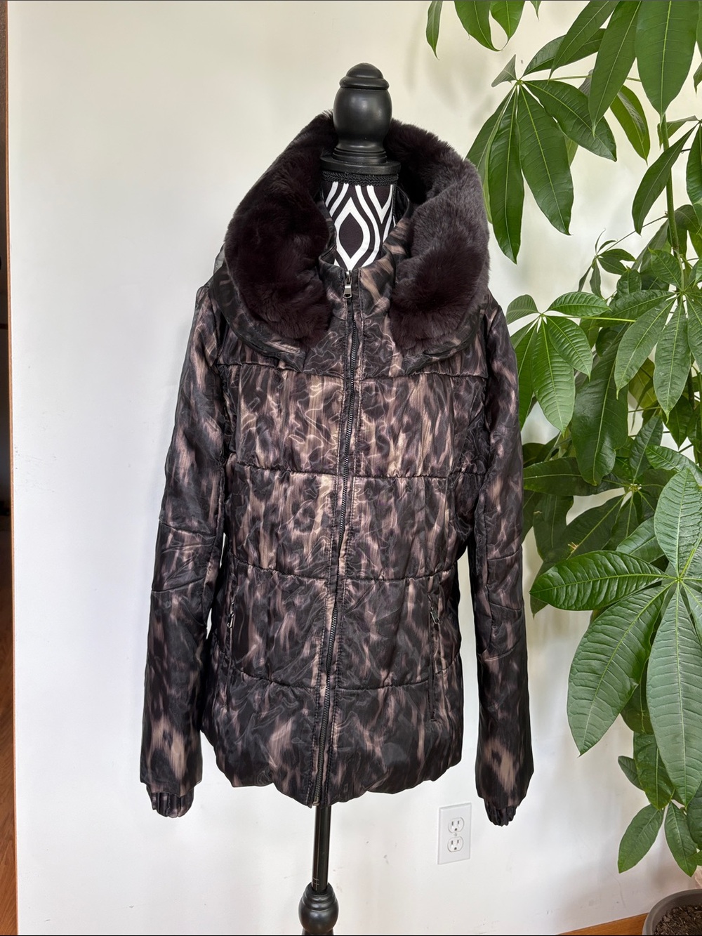 DENA New York Dark Brown,purple Patterned Faux-Fur Collar Puffer Coat